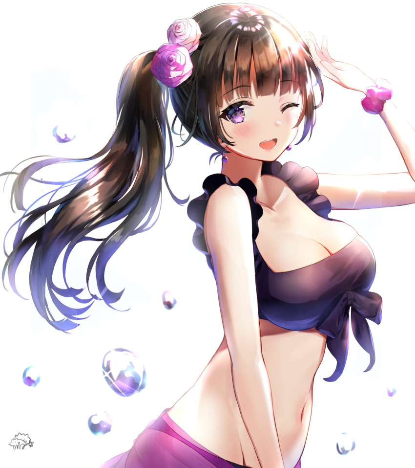 1girl :d arm_up bang_dream! bangs bare_shoulders bikini black_bikini black_bow black_hair blunt_bangs bow bow_swimsuit breasts cleavage collarbone cowboy_shot earrings eyebrows_visible_through_hair flower from_side groin hair_flower hair_ornament highres jewelry large_breasts light_rays long_hair looking_at_viewer mia_(fai1510) midriff navel one_eye_closed one_side_up open_mouth purple_eyes purple_flower purple_rose purple_scrunchie rose sarong scrunchie see-through shirokane_rinko signature simple_background smile solo sparkle stomach sunbeam sunlight swimsuit translucent_sarong water_drop white_background white_flower white_rose wrist_scrunchie