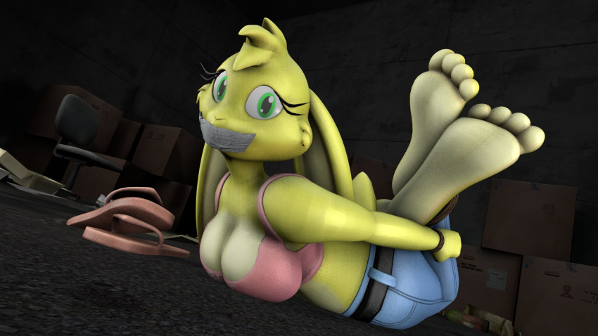 16:9 3d_(artwork) 4_toes anthro barefoot bdsm big_breasts bondage bottomwear bound breasts cleavage clothed clothing digital_media_(artwork) female flip_flops footwear fur gag green_eyes hi_res jeans jenn_(zp92) lagomorph leporid looking_at_viewer mammal midriff pants rabbit rope rope_bondage sandals solo tape tape_gag toes yellow_fur zp92