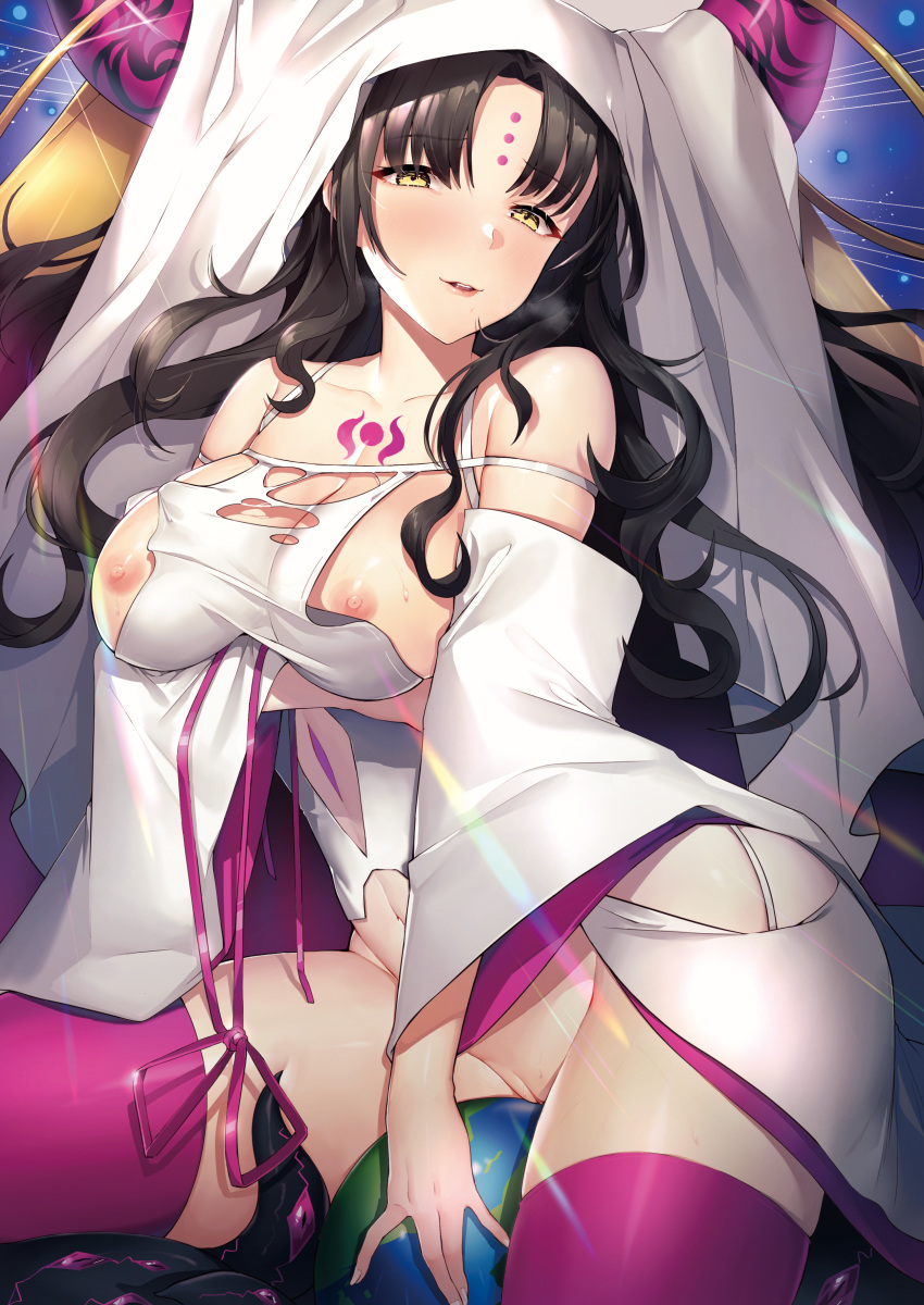 1girl absurdres black_hair breasts center_opening demon_pillar_(fate/grand_order) detached_sleeves eyebrows_visible_through_hair facial_mark fate/grand_order fate_(series) forehead_mark globe highres horns huge_filesize iiiroha large_breasts light_smile lips long_hair long_sleeves nipples no_bra no_panties open_mouth purple_legwear saliva sesshouin_kiara skindentation solo sparkle sweat tattoo thighhighs veil wavy_hair