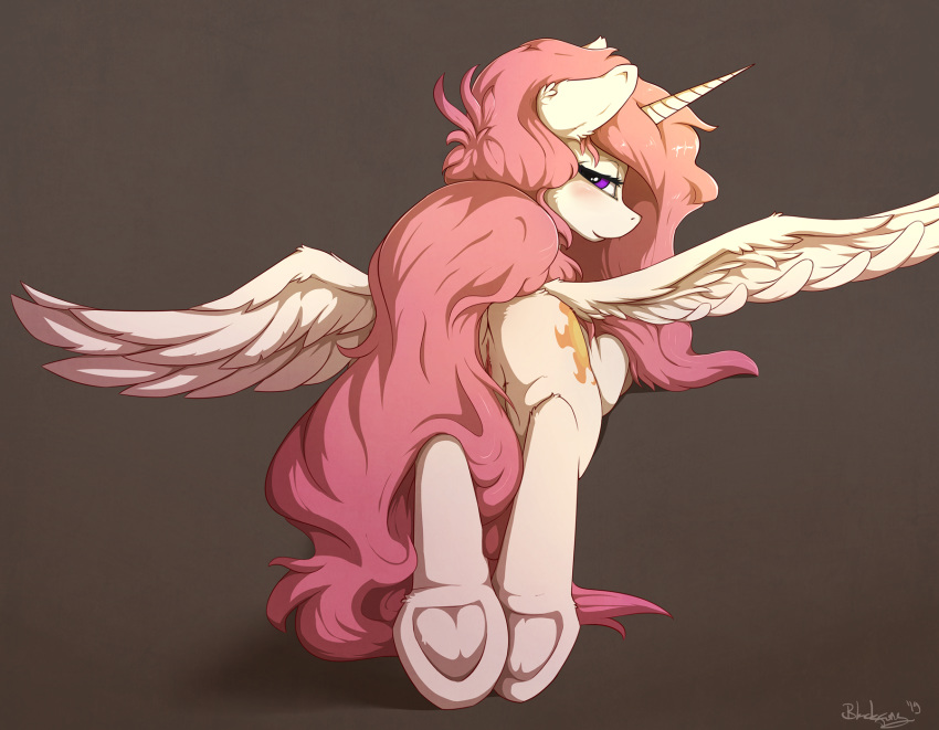 2019 blackfury cutie_mark equid feathered_wings feathers female feral friendship_is_magic fur hi_res hooves horn looking_at_viewer looking_back mammal my_little_pony princess_celestia_(mlp) purple_eyes pussy rear_view signature simple_background solo underhoof winged_unicorn wings