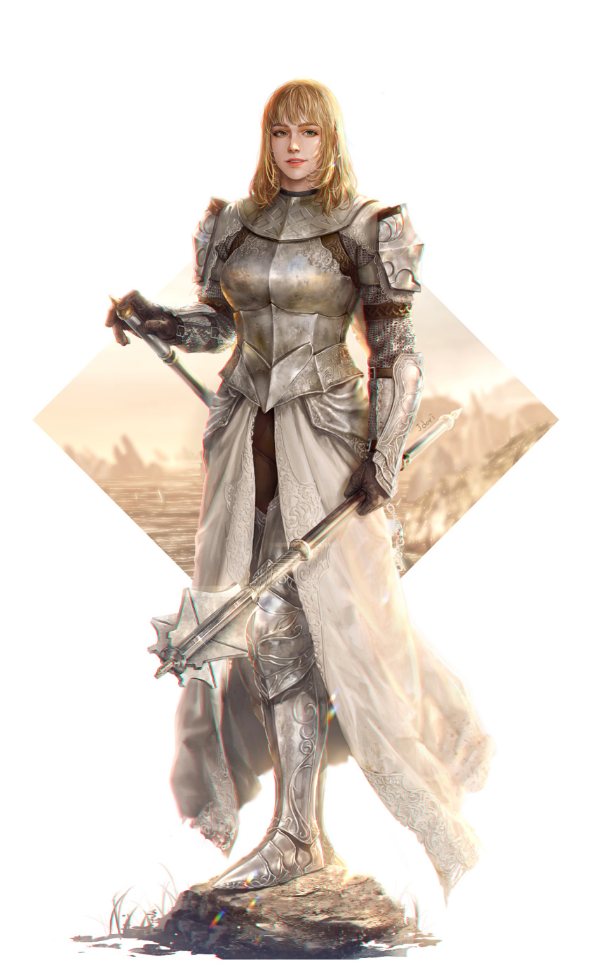 1girl arm_belt armor artist_name bearer_of_the_curse blonde_hair boots chainmail dark_souls_ii glint gloves greaves grey_footwear helmet highres holding holding_weapon jdori knight long_hair mace rock smile solo souls_(from_software) standing weapon white_background
