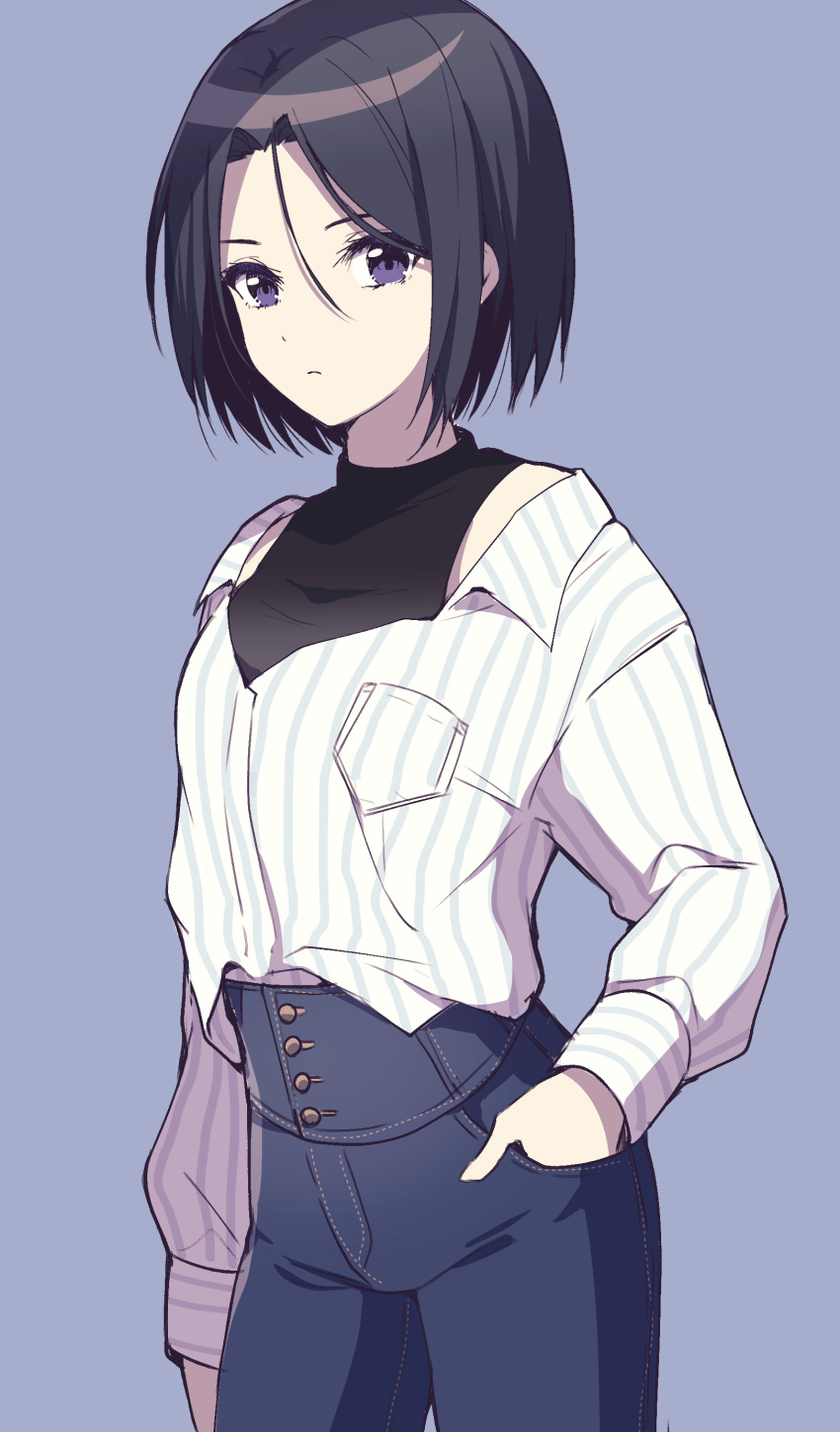 1girl absurdres bangs black_hair blue_background blue_pants breasts closed_mouth collared_shirt cowboy_shot denim dress_shirt eyebrows_behind_hair hair_between_eyes hand_in_pocket highres ichiren_namiro jeans long_sleeves pants parted_bangs princess_connect! princess_connect!_re:dive purple_eyes shirogane_jun shirt shirt_tucked_in short_hair simple_background small_breasts solo striped striped_shirt vertical-striped_shirt vertical_stripes