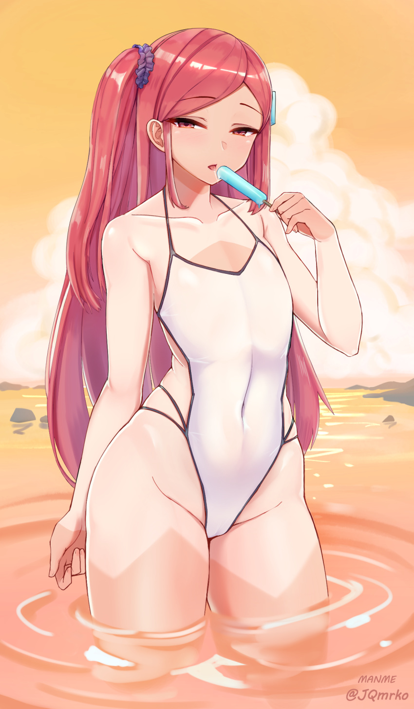 1girl artist_name b11_night_angel bangs cloud collarbone covered_navel evening eyebrows_visible_through_hair flat_chest food hair_ornament hair_scrunchie half-closed_eyes highleg highleg_swimsuit highres last_origin licking long_hair looking_at_viewer manme ocean one-piece_swimsuit one_side_up orange_sky outdoors popsicle purple_scrunchie red_eyes red_hair scrunchie skindentation sky solo swept_bangs swimsuit tan tanline tongue tongue_out twitter_username very_long_hair wading white_swimsuit