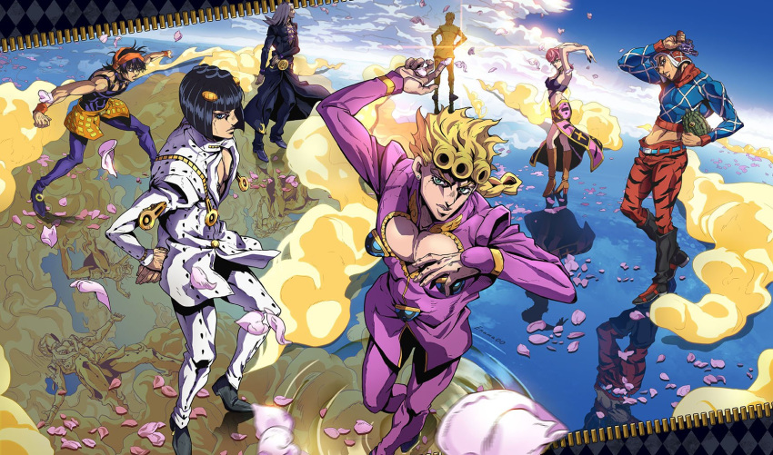 1girl 6+boys animal aora black_hair blonde_hair boots braid bruno_buccellati cloud coco_jumbo giorno_giovanna guido_mista gun handgun hat highres holding holding_animal jojo_no_kimyou_na_bouken leone_abbacchio midriff multiple_boys narancia_ghirga pannacotta_fugo petals pink_hair pose revolver signature sleeveless sun trish_una turtle vento_aureo weapon zipper zipper_pull_tab