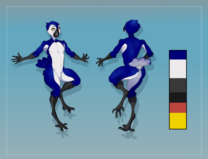 5_fingers anthro avian bird blue_feathers digitigrade feathers fingers grey_skin hi_res hikaru_(laulenture) male model_sheet nude simple_background smile solo standing uni white_feathers yellow_eyes