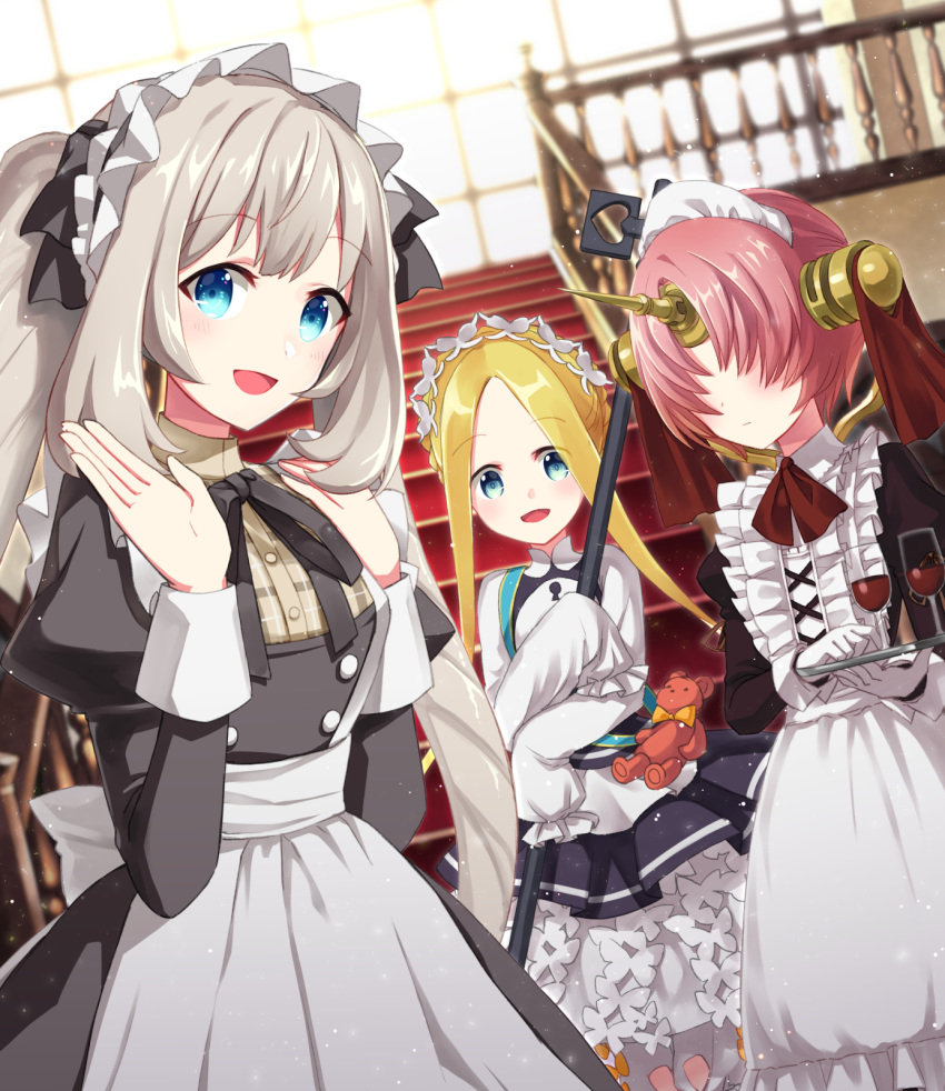 3girls abigail_williams_(fate/grand_order) alcohol alternate_costume apron bangs black_ribbon blonde_hair blue_eyes coconat_summer commentary_request cup drinking_glass eyebrows_visible_through_hair fate/grand_order fate_(series) frankenstein's_monster_(fate) gloves grey_hair hair_over_eyes highres holding holding_plate horn indoors keyhole long_sleeves looking_at_viewer maid maid_apron maid_dress marie_antoinette_(fate/grand_order) multiple_girls parted_bangs pink_hair plate red_ribbon ribbon sleeves_past_fingers sleeves_past_wrists stairs stuffed_animal stuffed_toy teddy_bear twintails white_gloves wine wine_glass