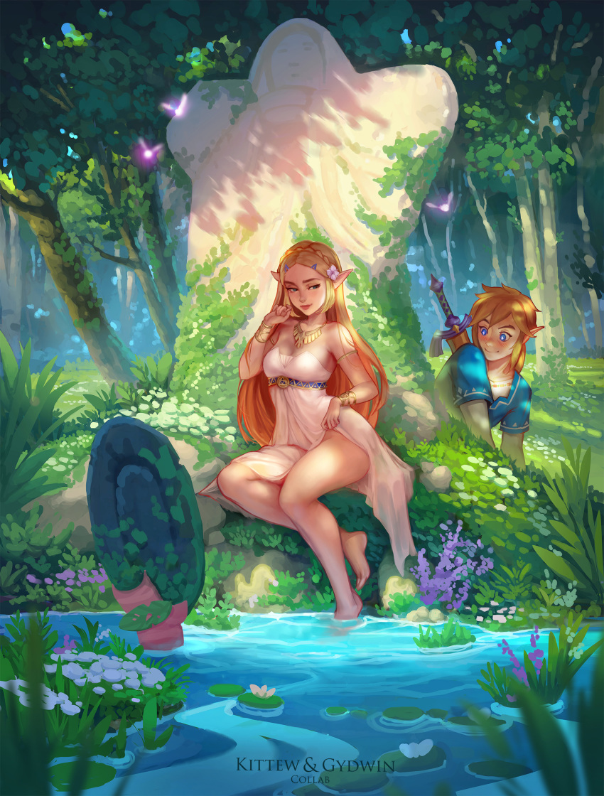 1boy 1girl absurdres armlet artist_name blonde_hair blue_eyes blush bracelet braid collaboration crown_braid daria_leonova dress dress_lift fairy flower forest glowing grass gydwin hair_flower hair_ornament hairclip highres invitation jewelry lily_pad link long_hair looking_at_another master_sword nature necklace no_panties plant pointy_ears princess_zelda smile soaking_feet sparkling_eyes statue sword the_legend_of_zelda the_legend_of_zelda:_breath_of_the_wild tree water weapon weapon_on_back white_dress