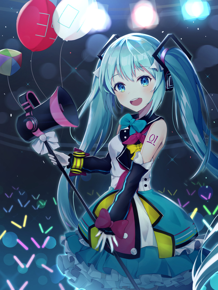 1girl :d absurdres balloon bangs bare_shoulders black_sleeves blue_eyes blue_skirt blush bow breasts commentary_request detached_sleeves ds_a eyebrows_visible_through_hair frilled_skirt frills gloves glowstick green_hair hair_ornament hatsune_miku highres long_hair long_sleeves magical_mirai_(vocaloid) megami open_mouth purple_bow round_teeth shirt skirt sleeveless sleeveless_shirt sleeves_past_wrists small_breasts smile solo teeth twintails upper_teeth very_long_hair vocaloid white_gloves white_shirt