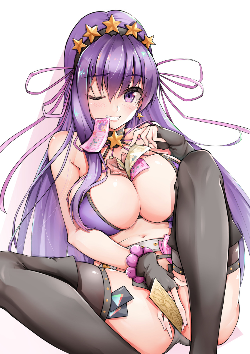 1girl bb_(fate)_(all) bb_(swimsuit_mooncancer)_(fate) belt between_breasts bikini black_gloves black_legwear black_shorts breasts earrings fate/grand_order fate_(series) fingerless_gloves gloves highres jewelry large_breasts long_hair money money_hold mouth_hold navel one_eye_closed purple_bikini purple_eyes purple_hair purple_ribbon ribbon sezoku short_shorts shorts simple_background solo star star_earrings studded_garter_belt summon_ticket swimsuit thighhighs ticket very_long_hair white_background white_belt