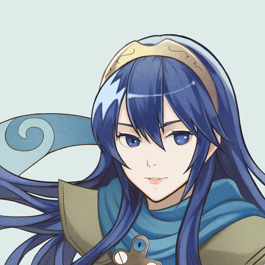 1girl absurdres blue_eyes blue_hair dakkalot diadem fire_emblem fire_emblem:_kakusei floating_hair grey_background hair_between_eyes highres long_hair looking_at_viewer lucina parted_lips ponytail shiny shiny_hair simple_background smile solo symbol-shaped_pupils very_long_hair
