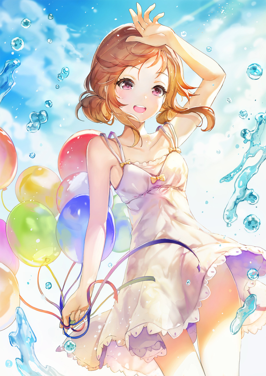 1girl :d blue_ribbon blue_sky bow breasts brown_hair cloud collarbone cowboy_shot day dress floating_hair green_ribbon highres holding_balloon medium_hair open_mouth original outdoors red_eyes red_ribbon ribbon short_dress sibyl sky sleeveless sleeveless_dress small_breasts smile solo standing sundress sunlight tied_hair white_dress yellow_bow