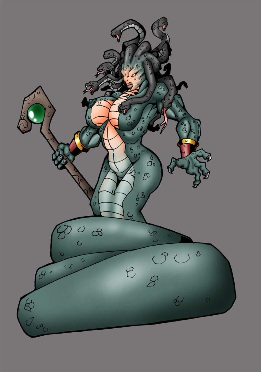 anthro armor belly_scales big_breasts black_scales bracers breasts claws countershading digital_media_(artwork) european_mythology fangs female feral forked_tongue front_view frown full-length_portrait greek_mythology green_eyes grey_background grey_claws grey_countershading group hair hi_res holding_object lips living_hair long_tongue lordstevie medusa melee_weapon monster mythology naga nipples non-mammal_breasts nude open_mouth orange_countershading orange_skin polearm portrait pseudo_hair reptile scales scalie serpentine simple_background slit snake snake_hair solo staff standing teal_countershading teal_scales thick_lips three-quarter_view tongue tongue_out weapon yellow_sclera
