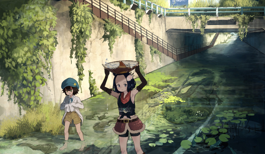 2girls animal barefoot elbow_gloves fish gloves hat kamemaru original ruins short_hair shorts water