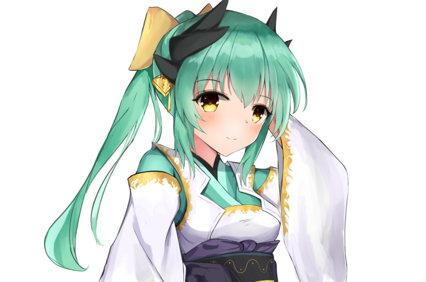 1girl aqua_hair bangs black_horns blush breasts commentary_request eyebrows_visible_through_hair fate/grand_order fate_(series) green_hair highres horns japanese_clothes kimono kiyohime_(fate/grand_order) long_hair looking_at_viewer medium_breasts ponytail simple_background smile solo taikoi7 white_background yellow_eyes