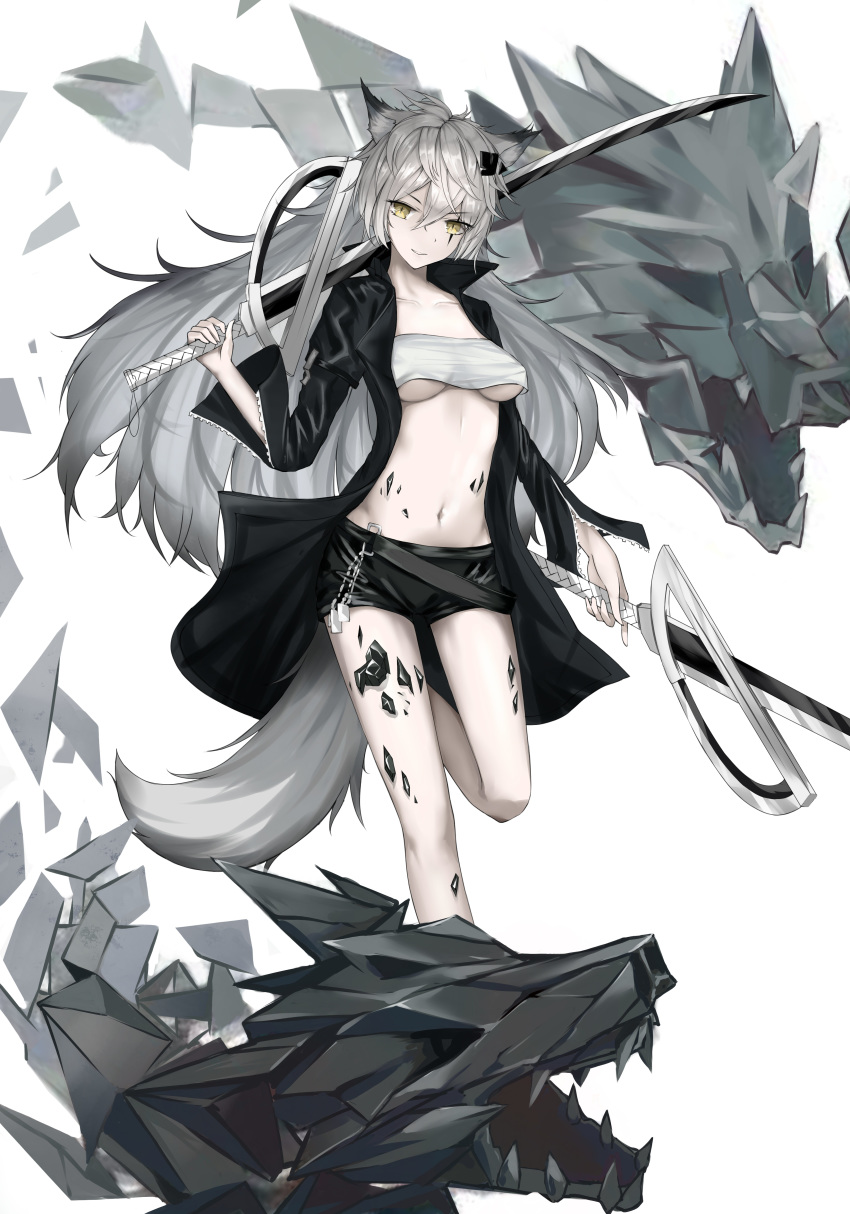 1girl absurdres animal_ears arknights bandeau bangs black_coat black_hair black_shorts breasts covered_nipples dual_wielding eyebrows_visible_through_hair facial_scar hair_between_eyes hair_ornament highres holding holding_sword holding_weapon huijin_zhi_ling lappland_(arknights) long_hair long_sleeves looking_at_viewer medium_breasts scar short_shorts shorts silver_hair slit_pupils smile sword tail underboob very_long_hair weapon wolf wolf_ears wolf_girl wolf_tail zipper