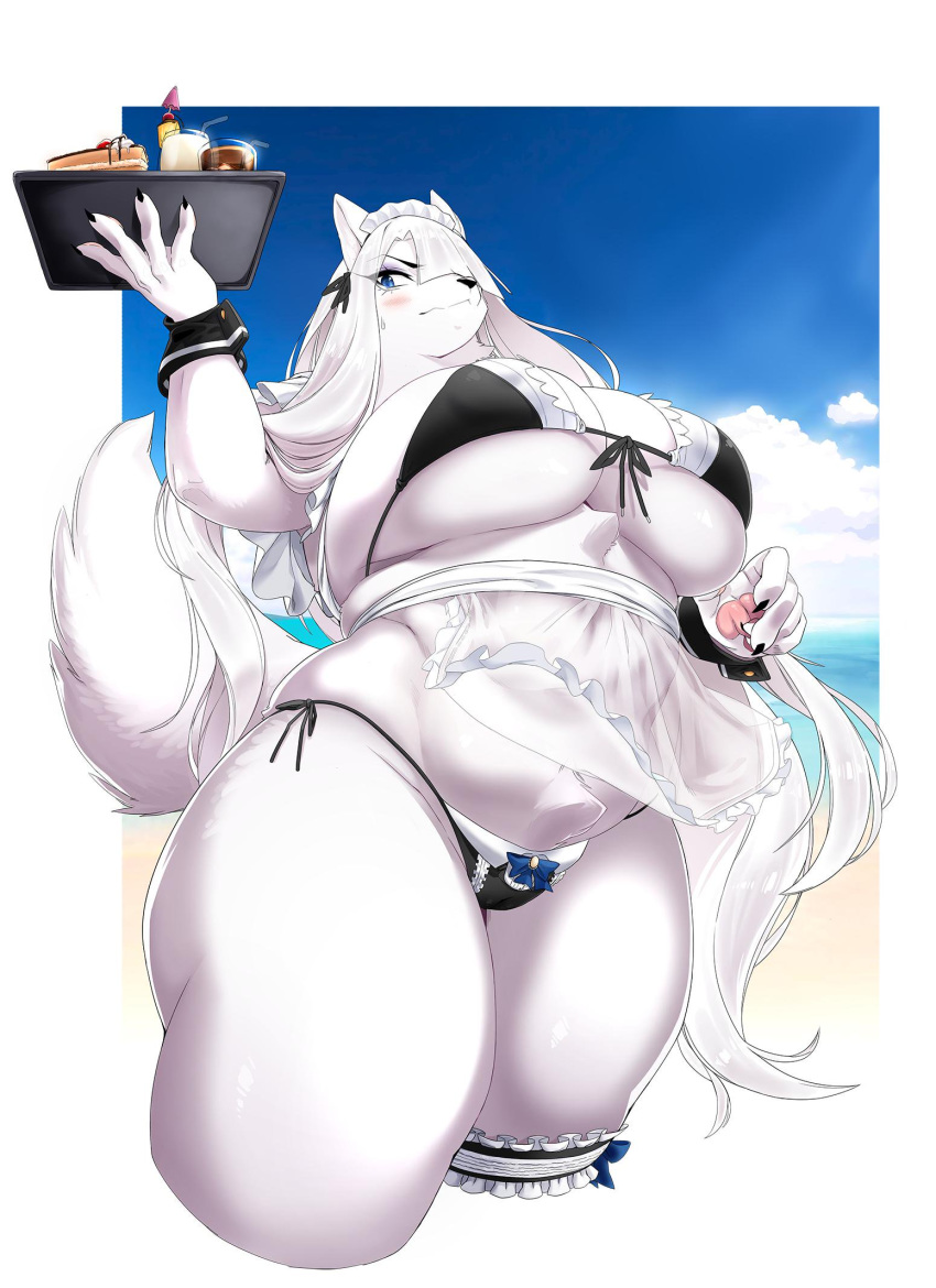 anthro big_breasts bikini blush breasts cakewasgood canid canine clemenceau_(cakewasgood) clothed clothing female fox hi_res huge_breasts looking_at_viewer maid_uniform mammal solo swimwear thick_thighs uniform voluptuous