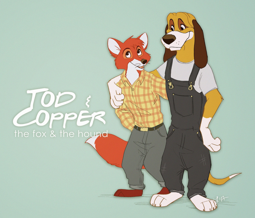 4_fingers 4_toes anthro anthrofied bottomwear canid canine canis clothing copper_(fath) disney domestic_dog duo fingers fox fox_and_the_hound fur hi_res jeans male mammal overalls pants ritwell shirt smile standing tod_(fath) toes topwear