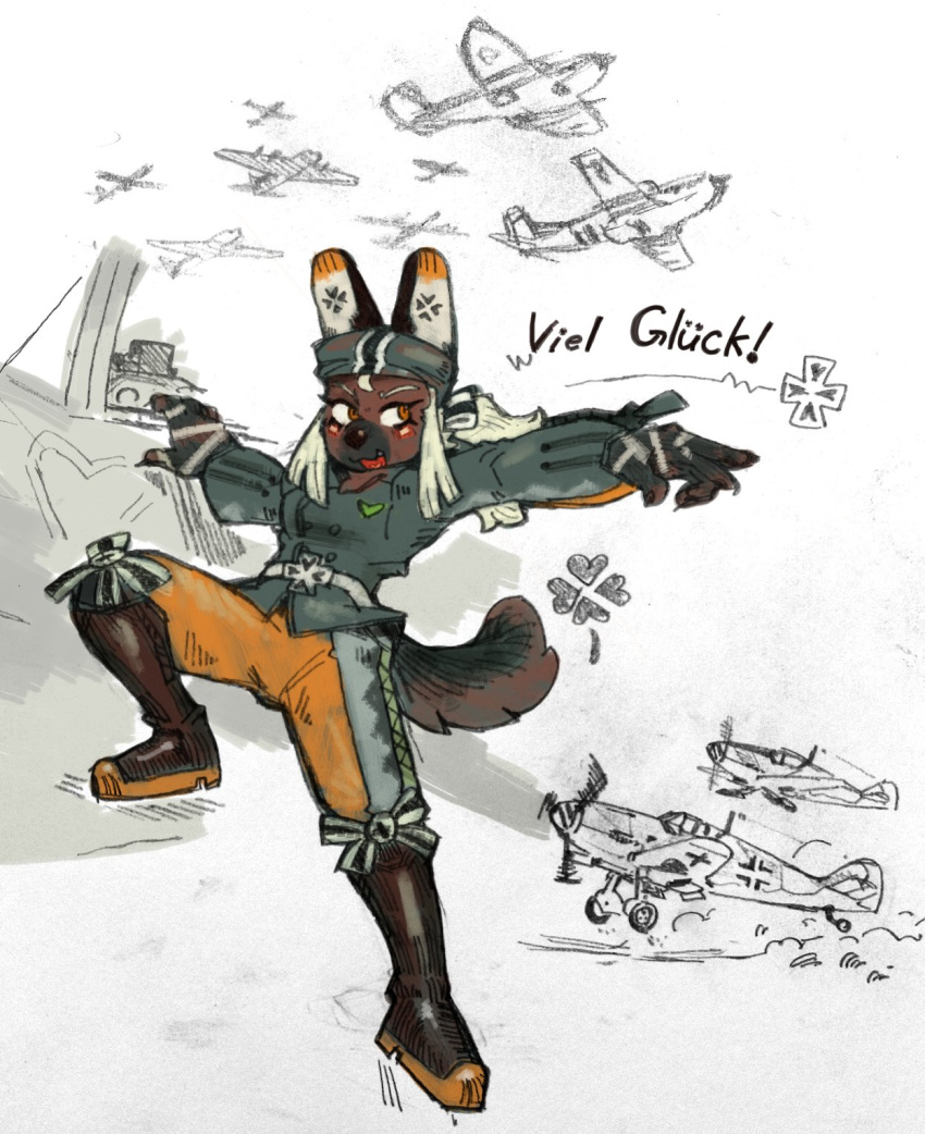 ! 2018 aircraft anthro bf_109 breasts brown_eyes brown_fur canid canine canis clothed clothing cute_fangs domestic_dog female fluffy fluffy_tail fur german_text hair hat headgear headwear hi_res hideki_kaneda mammal messerschmitt open_mouth sketch solo text white_hair