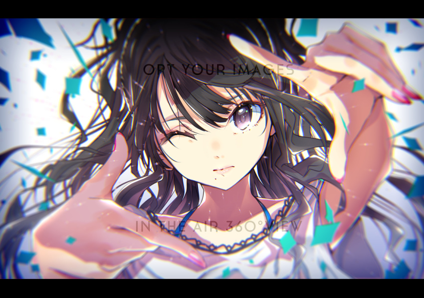 1girl bangs black_hair bra_strap collarbone confetti english_text fingernails idolmaster idolmaster_shiny_colors kazano_hiori letterboxed long_hair looking_at_viewer one_eye_closed outstretched_arms pink_nails purple_eyes shirt short_sleeves solo upper_body white_shirt yae_(mono110)