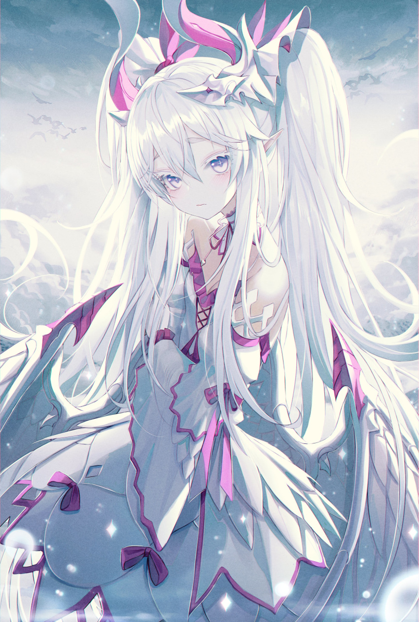 +_+ 1girl absurdres bare_shoulders bird blue_eyes blush breasts choker closed_mouth detached_sleeves dragon_girl dragon_horns dragon_wings dress expressionless highres horns light_particles long_hair okazu_(eightstudio) original outdoors small_breasts solo twintails very_long_hair white_dress white_hair wings