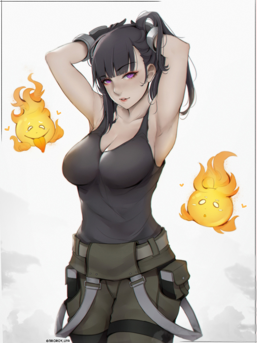 1girl absurdres adjusting_hair armpits arms_up bangs bare_shoulders black_hair black_tank_top breasts cleavage commentary_request enen_no_shoubotai fire flame gloves highres large_breasts liya_nikorov long_hair looking_at_viewer maki_oze muscle muscular_female parted_lips ponytail purple_eyes solo standing tank_top uniform witch