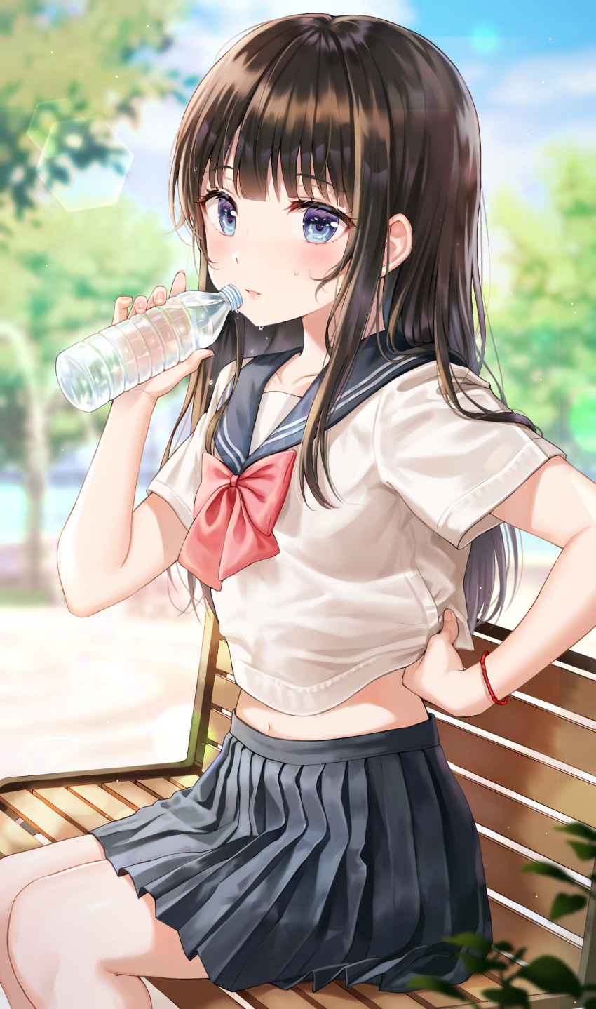1girl absurdres bare_arms bare_legs bench black_hair black_skirt blue_eyes blue_sailor_collar blurry blush bottle bow bowtie collarbone commentary_request crop_top day depth_of_field hand_up highres holding holding_bottle lens_flare long_hair looking_at_viewer midriff miniskirt navel original outdoors park_bench parted_lips pleated_skirt red_bow sailor_collar school_uniform serafuku shirt short_sleeves sidelocks sitting skirt solo sweat tokkyu_(user_mwwe3558) tree water_bottle white_shirt