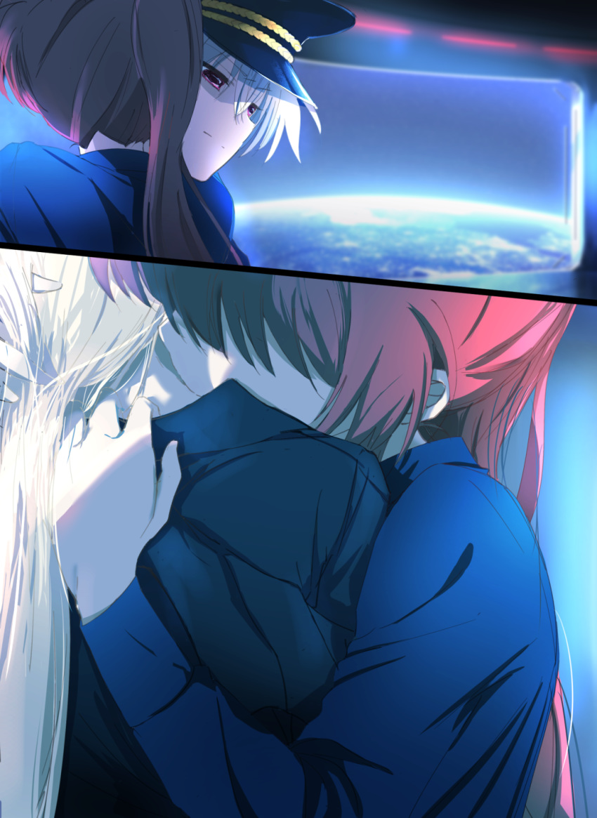 2girls alternate_costume alternate_hairstyle blonde_hair blue_shirt blush closed_mouth collared_shirt couple covered_eyes earth fate_testarossa frown hat highres hug kiss long_hair long_sleeves looking_at_another lyrical_nanoha mahou_shoujo_lyrical_nanoha mahou_shoujo_lyrical_nanoha_strikers mahou_shoujo_lyrical_nanoha_vivid military military_hat military_uniform multiple_girls nape neck neck_kiss ossan_jololol planet ponytail red_eyes red_hair shaded_face shirt space star_(sky) takamachi_nanoha uniform very_long_hair yuri