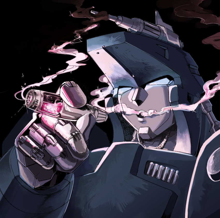 2019 5_fingers alien black_background blue_body blue_eyes bust_portrait cigar cybertronian devcon digital_media_(artwork) energon fingers holding_object humanoid kthosivb living_machine looking_at_viewer machine not_furry open_mouth portrait robot simple_background smoke smoking teeth transformers