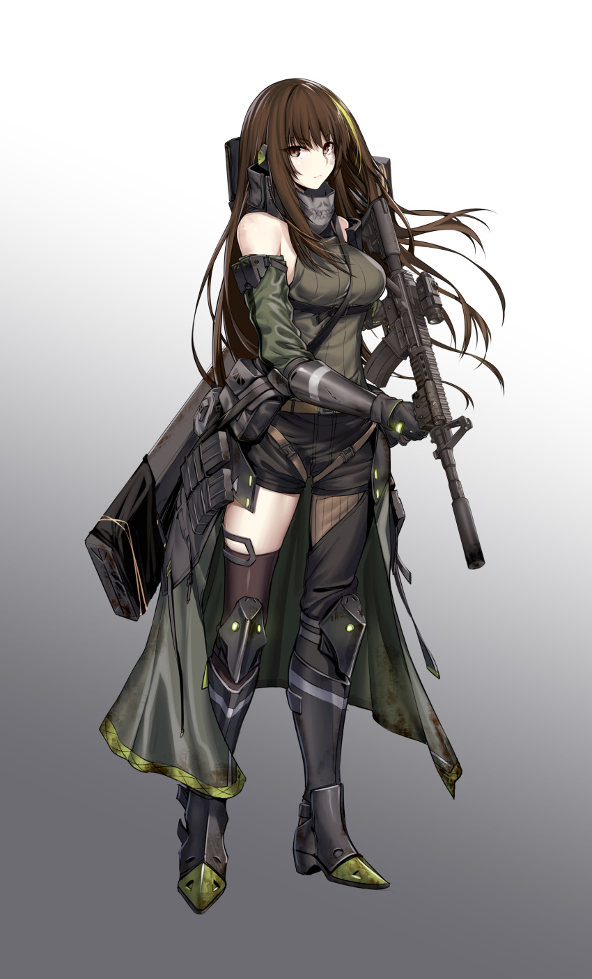 1girl absurdres assault_rifle bare_shoulders black_eyes black_hair boots breasts commentary full_body girls_frontline gloves green_hair gun highres holding holding_gun holding_weapon long_hair looking_at_viewer m4_carbine m4a1_(girls_frontline) medium_breasts multicolored_hair onceskylark rifle solo standing thighhighs weapon