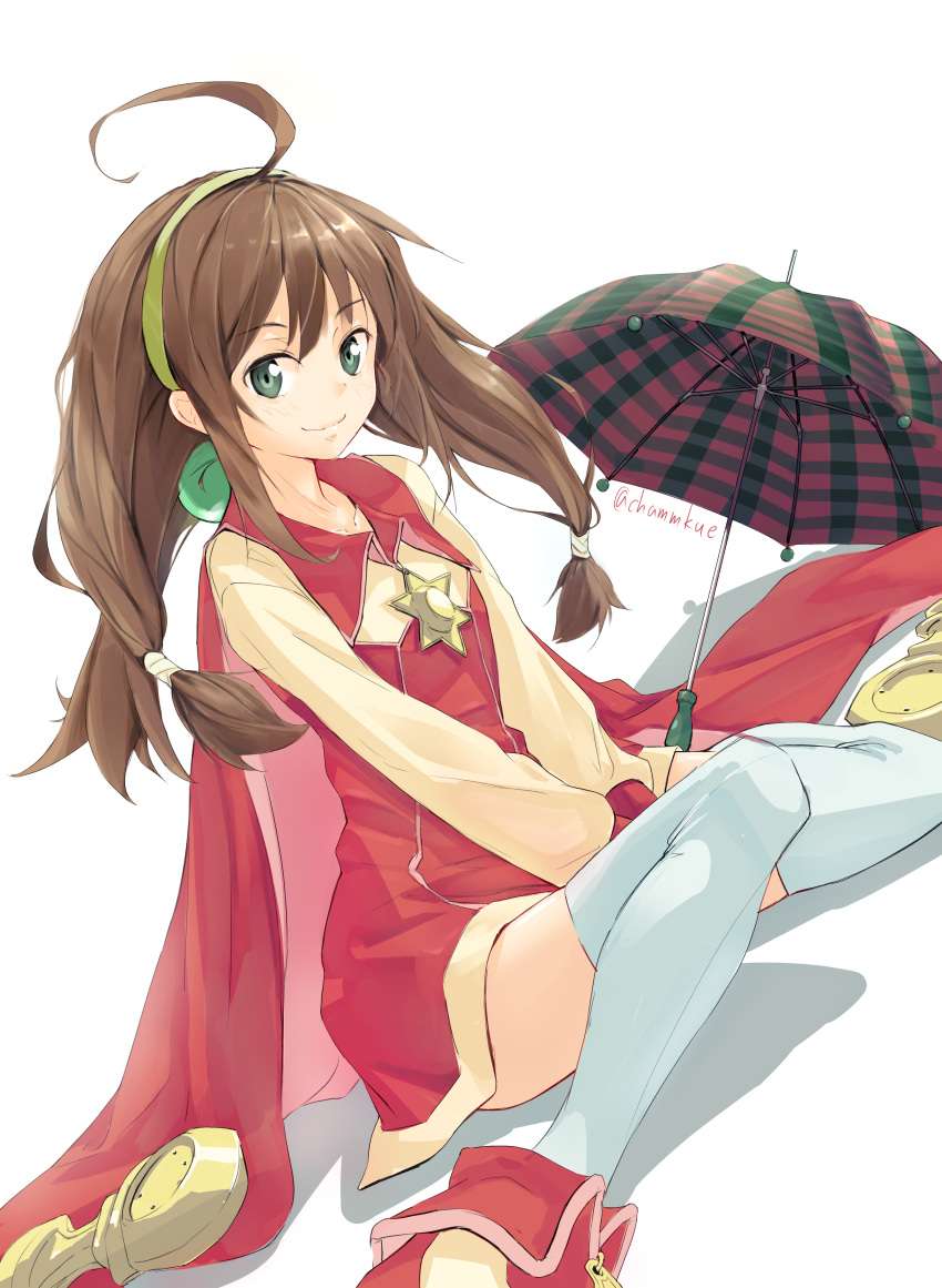 1girl absurdres ahoge brown_hair cape chamu_(chammkue) closed_mouth dress full_body green_eyes hair_ornament hairband highres lilka_eleniak long_hair looking_at_viewer low-tied_long_hair plaid_umbrella ponytail red_cape red_dress red_footwear shoes short_dress simple_background sitting smile solo thighhighs twintails umbrella v_arms white_background white_legwear wild_arms wild_arms_2 yellow_hairband zettai_ryouiki