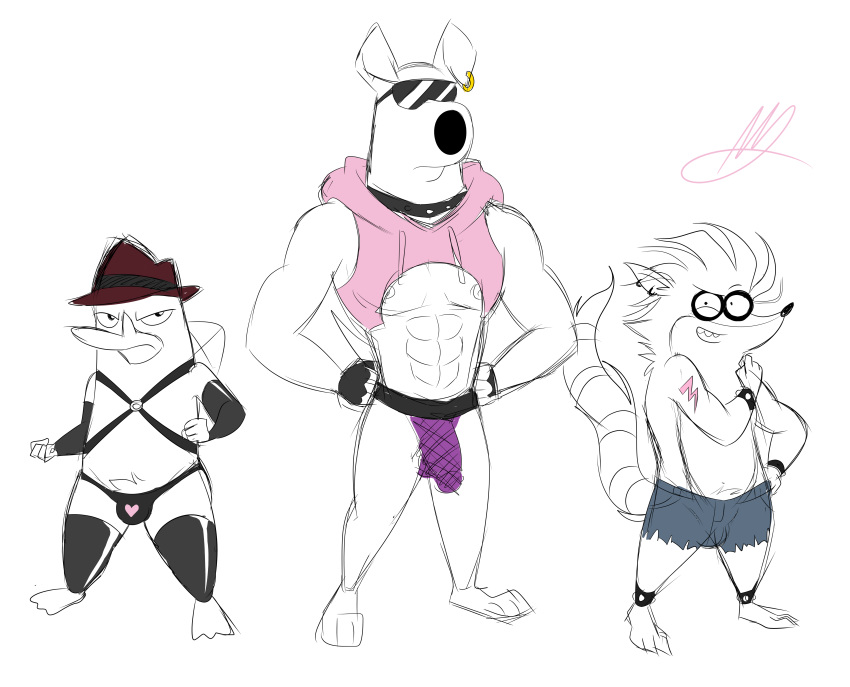 abs absurd_res anthro barefoot booty_trio brian_griffin bulge clothing collar ear_piercing ear_ring eyewear family_guy glasses group hat headgear headwear hi_res male perry_the_platypus piercing post_transformation raymondfoxxx rigby simple_background standing white_background