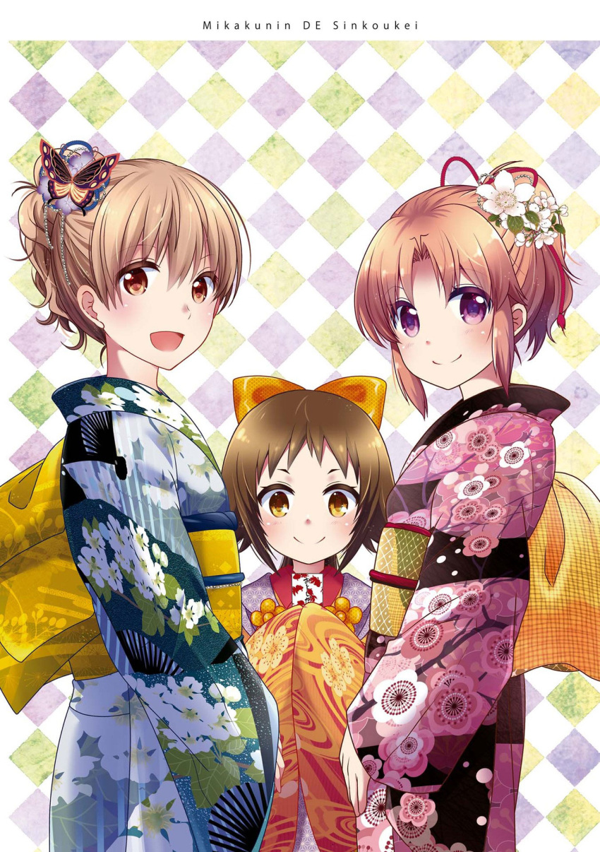 3girls :d alternate_hairstyle arai_cherry argyle argyle_background blush bow brown_eyes brown_hair butterfly_hair_ornament closed_mouth copyright_name eyebrows_visible_through_hair floral_print flower hair_bow hair_flower hair_ornament hair_up half_updo head_tilt highres japanese_clothes kimono looking_at_viewer mikakunin_de_shinkoukei mitsumine_mashiro multiple_girls obi official_art open_mouth orange_bow pink_hair ponytail purple_eyes romaji_text sash siblings sisters sleeves_past_fingers sleeves_past_wrists smile standing yonomori_benio yonomori_kobeni