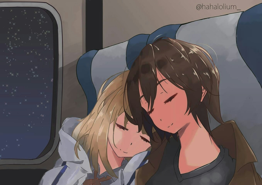 2girls alternate_costume asagao_to_kase-san blonde_hair brown_hair chair collarbone couple hahalolium happy head_on_shoulder hood hoodie jacket kase_tomoka multiple_girls neck short_hair sitting sky sleeping sleeping_on_person smile star star_(sky) starry_sky twitter_username watermark window yamada_yui yuri