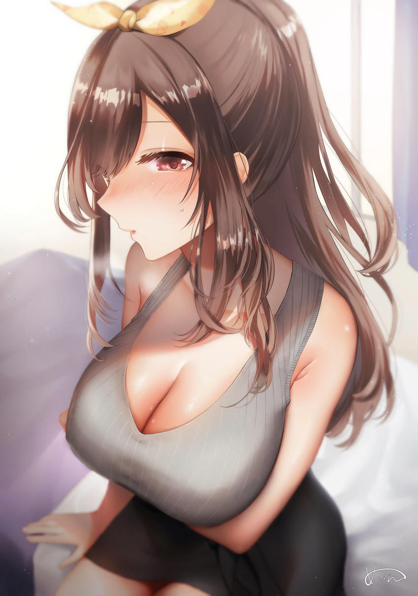 1girl :o absurdres arm_support arm_under_breasts bangs black_skirt blurry blush breasts breasts_day brown_eyes brown_hair collarbone depth_of_field eyebrows_visible_through_hair hair_ribbon heart heart-shaped_pupils highres idolmaster idolmaster_shiny_colors large_breasts light_particles long_hair looking_at_viewer ponytail ribbon sakiryo_kanna sidelocks signature sitting skirt solo sweat swept_bangs symbol-shaped_pupils tank_top tsukioka_kogane very_long_hair yellow_ribbon