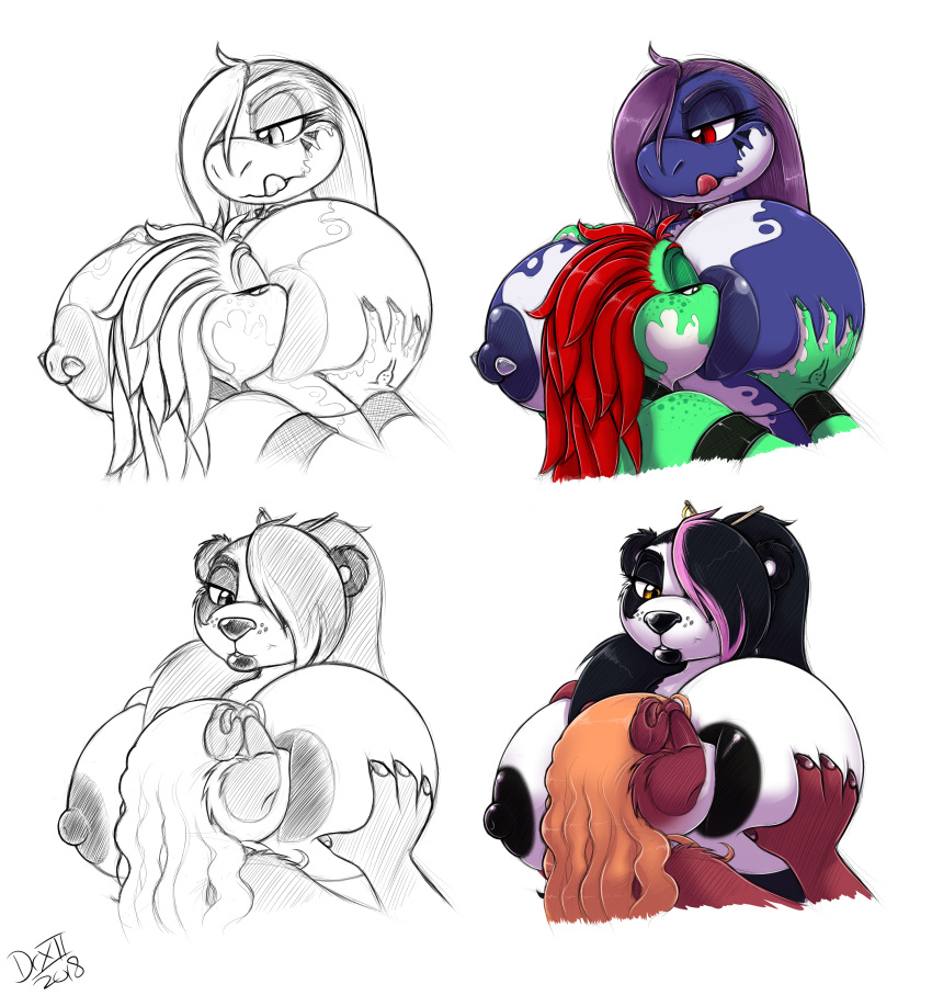 2018 absurd_res ailurid anthro bahm-bu beejay_bearkowitz big_breasts breast_suck breasts digital_media_(artwork) drxii duo female female/female fingers fur giant_panda hair hi_res huge_breasts mammal mario_bros nintendo nipple_suck nipples pacifica simple_background sucking ursid video_games yoshi yoshiyuke