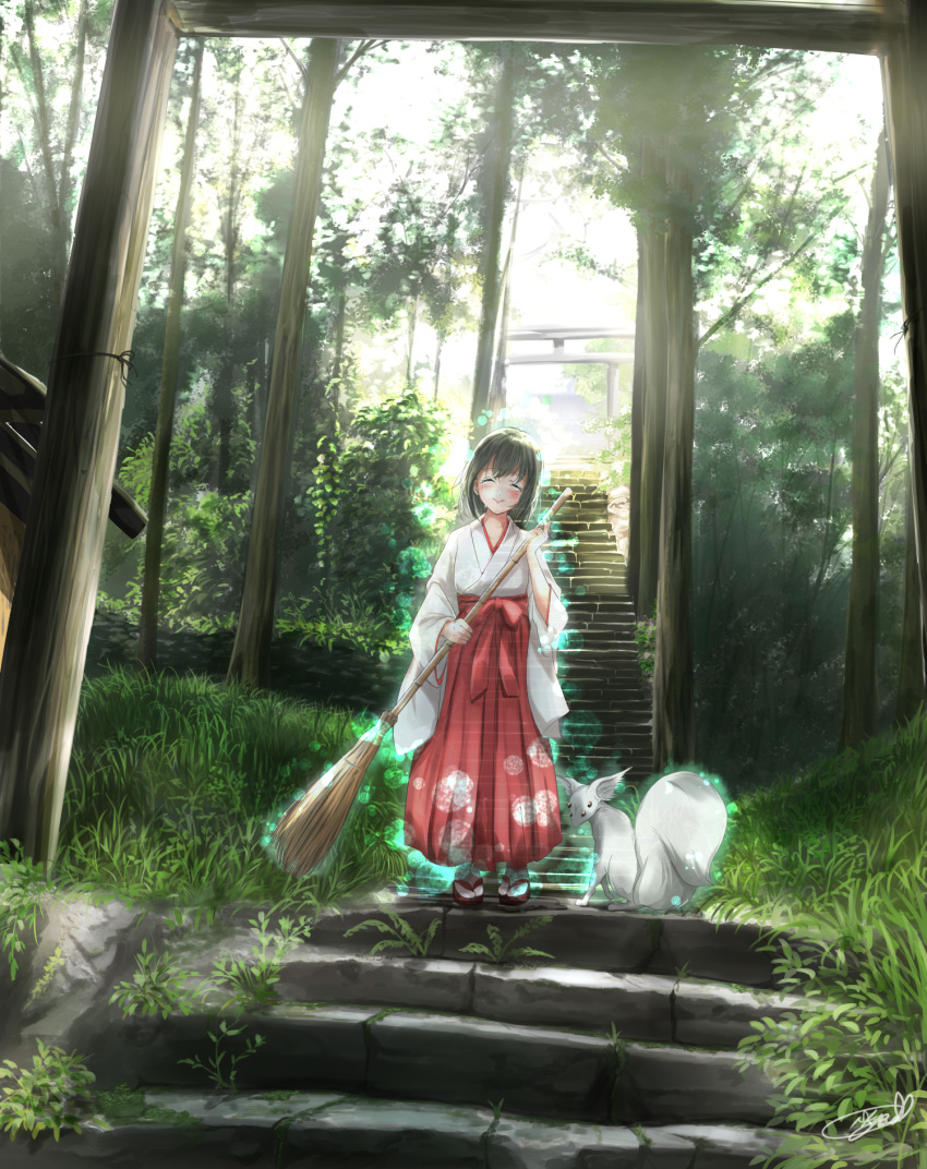 1girl black_hair ghost hakama highres hikari_(arcaea) japanese_clothes kimono light long_hair miko red_hakama scenery shinto shrine soragane_(banisinngurei) spectral summer transparent