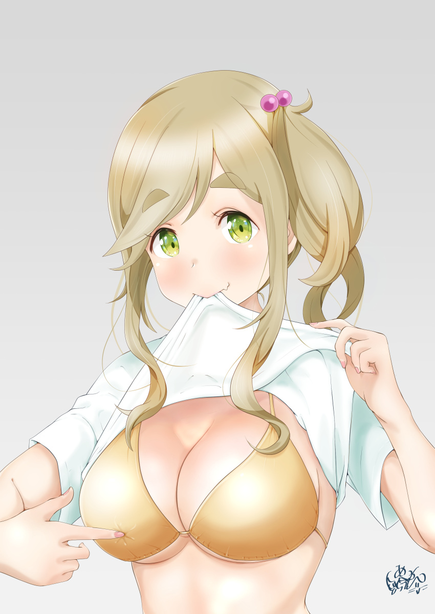 1girl :&gt; absurdres bikini_top blush breasts brown_hair closed_mouth commentary_request dragonoil eyebrows_visible_through_hair fang fang_out gradient gradient_background green_eyes grey_background hair_bobbles hair_ornament head_tilt highres inuyama_aoi large_breasts lifted_by_self long_hair looking_at_viewer pointing pointing_at_self shirt shirt_lift short_sleeves side_ponytail signature solo thick_eyebrows upper_body white_shirt yellow_bikini_top yurucamp
