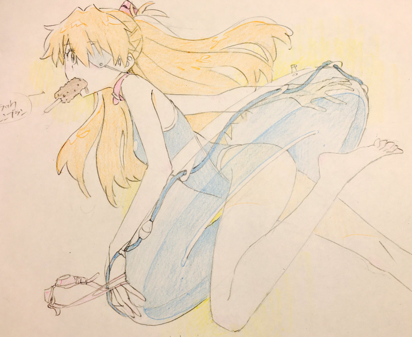 1girl ass blue_eyes blush eyepatch food googles highres iseki_shuuichi legs long_hair neon_genesis_evangelion orange_hair shikinami_asuka_langley souryuu_asuka_langley swimsuit tsundere