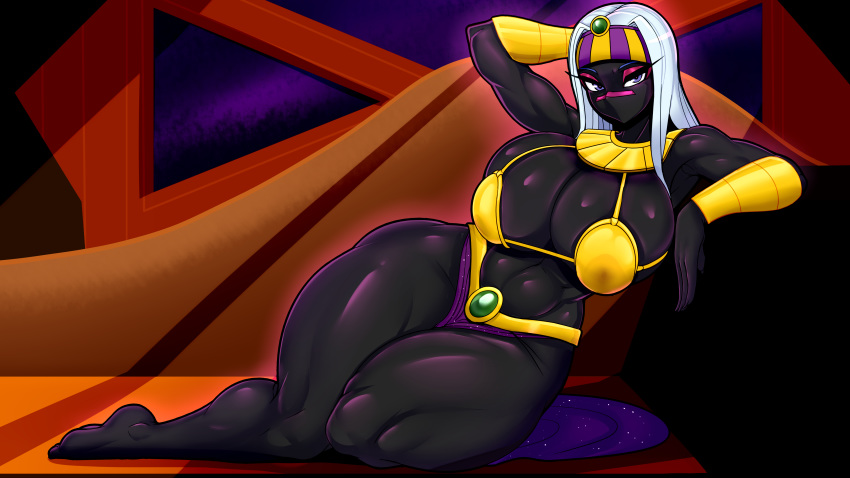 16:9 absurd_res alien barefoot ber00 big_breasts black_skin breasts clothed clothing duck_dodgers female hair hi_res humanoid looking_at_viewer martian not_furry queen_tyr'ahnee solo thick_thighs white_hair