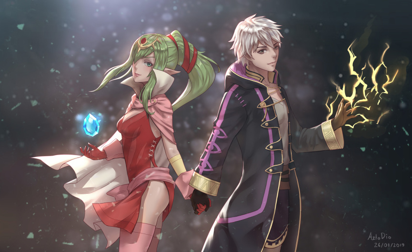 1boy 1girl artist_name azto_dio black_gloves black_robe brown_eyes cape circlet couple dated dress electricity english_commentary fire_emblem fire_emblem:_mystery_of_the_emblem fire_emblem_awakening fire_emblem_heroes gem gloves green_eyes green_hair hair_ornament hair_ribbon highres holding_hands hood hood_down hooded_robe long_hair looking_at_viewer magic mamkute pink_cape pink_dress pointy_ears ponytail red_dress red_gloves red_ribbon ribbon robe robin_(fire_emblem) robin_(fire_emblem)_(male) short_dress side_slit strapless strapless_dress tiara tiki_(fire_emblem) white_hair