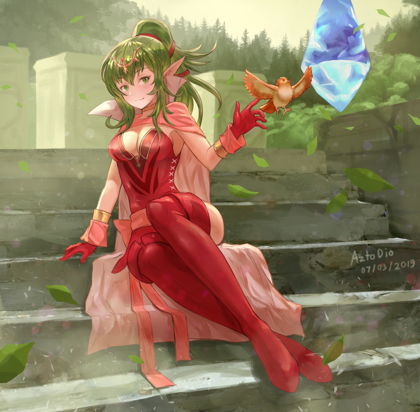 1girl absurdres artist_name azto_dio bird boots bracelet breasts cape circlet cleavage commentary dated dress english_commentary fire_emblem fire_emblem:_mystery_of_the_emblem fire_emblem_awakening fire_emblem_heroes garter_straps gloves green_eyes green_hair hair_ornament hair_ribbon highres jewelry light_smile long_hair looking_at_viewer mamkute older pink_cape pink_dress pink_legwear pointy_ears ponytail red_dress red_footwear red_ribbon ribbon short_dress side_slit sitting sitting_on_stairs solo stairs stone strapless strapless_dress thigh_boots thighhighs tiara tiki_(fire_emblem)