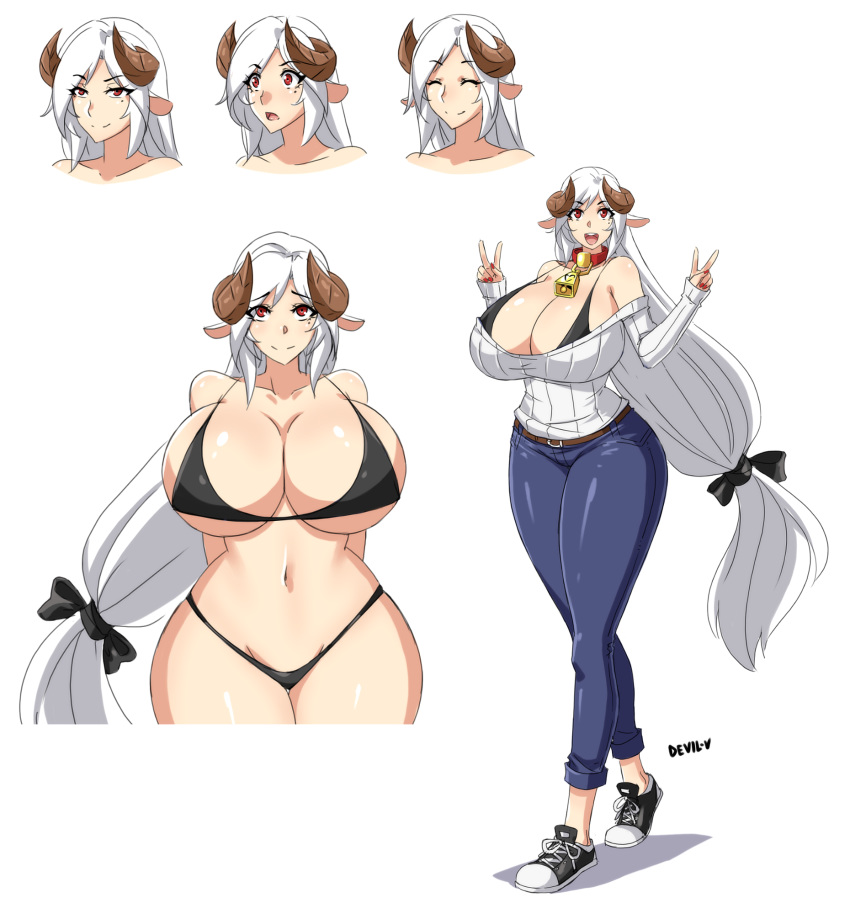 1girl bell bikini breasts bursting_breasts cleavage cow_bell cow_girl denim devil-v full_body highres horns huge_breasts jeans pants silver_hair sweater swimsuit