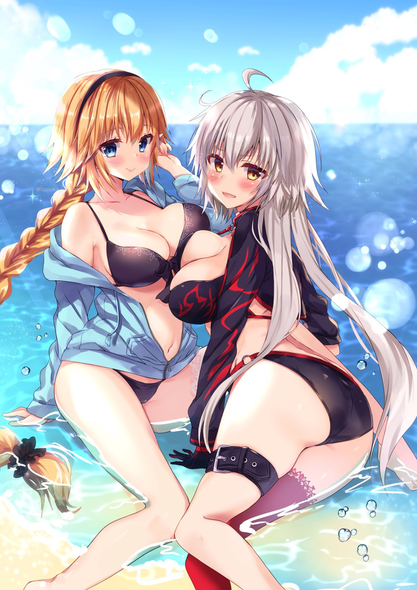 2girls ahoge ass asymmetrical_docking belt bikini black_bikini blonde_hair blue_eyes blush braid breast_press breasts cleavage cloud commentary_request fate/grand_order fate_(series) hairband highres honoka_chiffon jacket jeanne_d'arc_(alter_swimsuit_berserker) jeanne_d'arc_(fate)_(all) jeanne_d'arc_(swimsuit_archer) large_breasts long_hair multiple_girls o-ring o-ring_bottom open_mouth parted_lips partially_submerged ponytail single_thighhigh sky smile swimsuit thighhighs thighs very_long_hair water white_hair yellow_eyes zipper