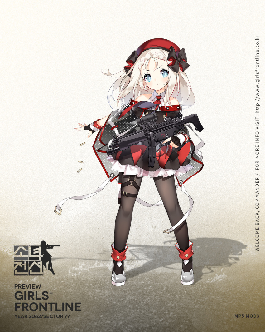 1girl ankle_boots bangs beret black_gloves black_legwear blonde_hair blue_eyes blush boots braid character_name cloak closed_mouth collared_dress dress expressionless fingerless_gloves floating_hair full_body girls_frontline gloves gun h&amp;k_mp5 hat heckler_&amp;_koch highres holding holding_gun holding_weapon holster logo long_hair looking_at_viewer mod3_(girls_frontline) mp5_(girls_frontline) necktie off_shoulder official_art outstretched_arm pantyhose ribbon saru serious sidelocks sleeveless sleeveless_dress solo submachine_gun thigh_holster thigh_strap trigger_discipline weapon white_hair wind
