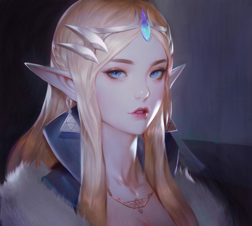 1girl banned_artist blonde_hair blue_eyes fur_trim highres lips long_hair looking_at_viewer parted_lips paul_kwon pointy_ears portrait princess_zelda sidelocks solo teeth the_legend_of_zelda triforce