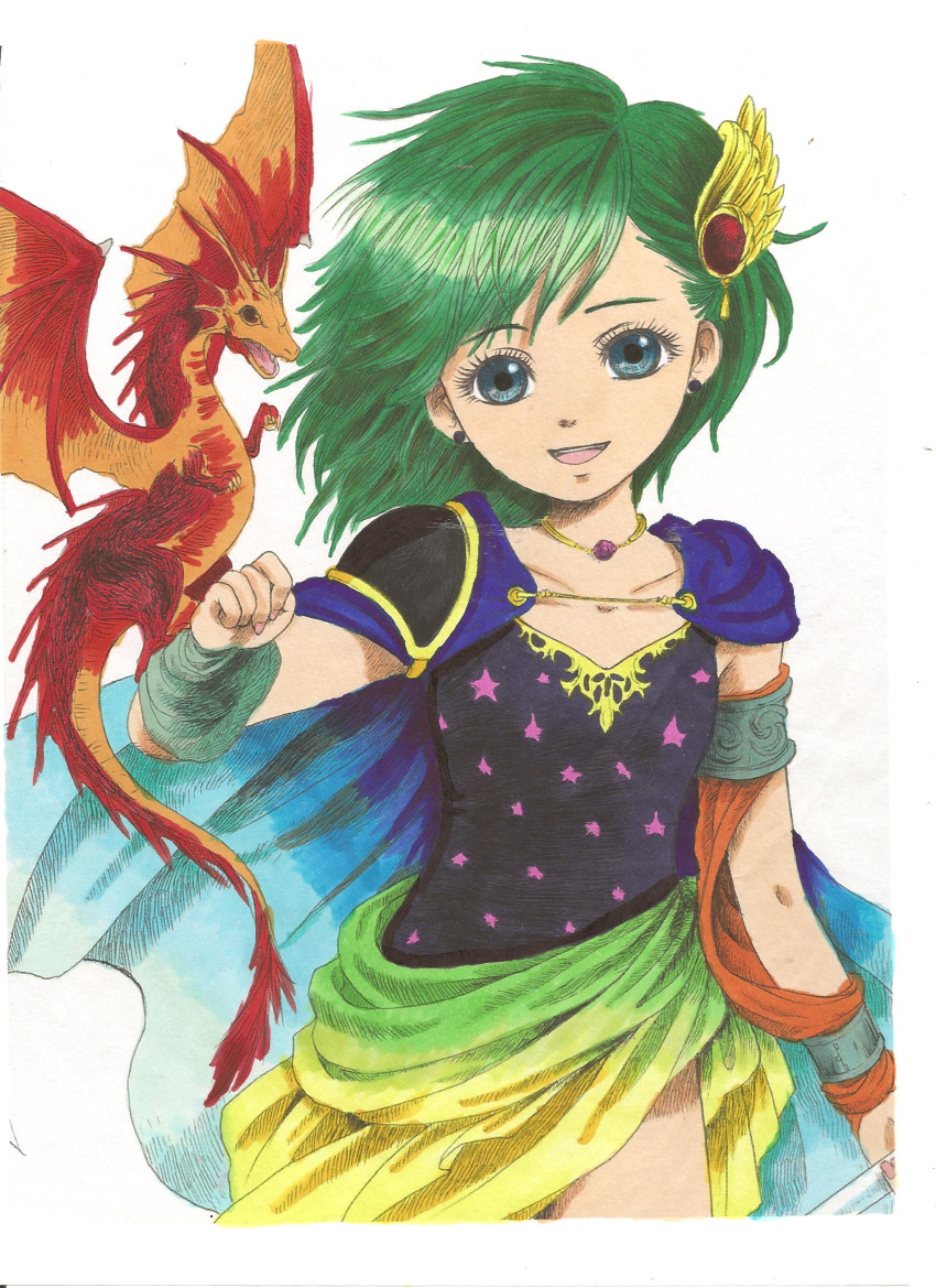 1girl blue_eyes cape claire_roses commentary_request dragon earrings final_fantasy final_fantasy_iv green_hair green_leotard highres jewelry leotard looking_at_viewer marker_(medium) medium_hair rydia simple_background smile solo traditional_media white_background