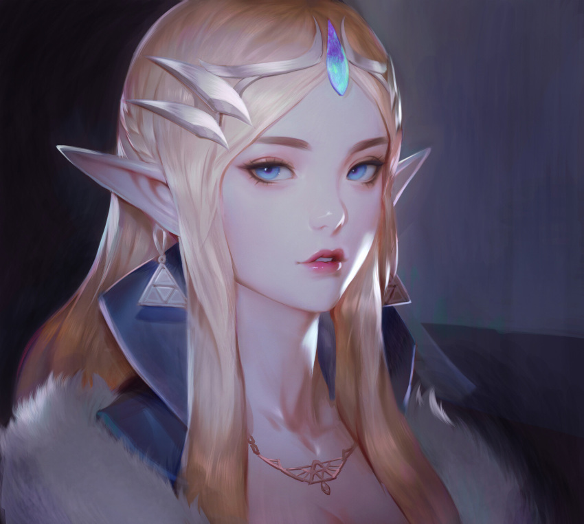 1girl banned_artist blonde_hair blue_eyes fur_trim highres lips long_hair looking_at_viewer parted_lips paul_kwon pointy_ears portrait princess_zelda sidelocks solo teeth the_legend_of_zelda triforce