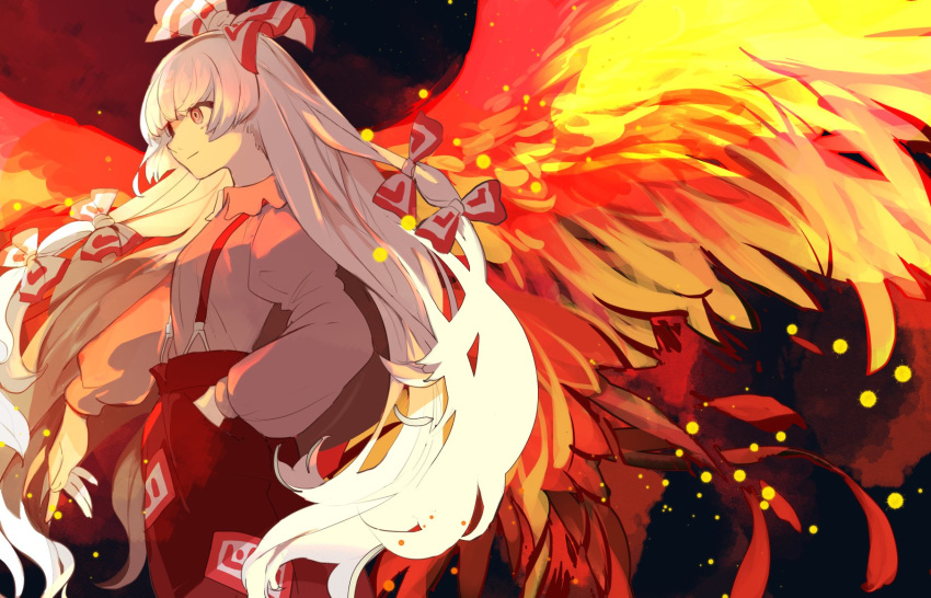 1girl baggy_pants bangs beige_shirt black_background bow collared_shirt commentary cowboy_shot eye_color_request feathered_wings fiery_wings fire floating_hair from_side fujiwara_no_mokou hair_bow hands_in_pockets highres hime_cut joniko1110 juliet_sleeves light_particles long_hair long_sleeves ofuda ofuda_on_clothes pants phoenix_wings puffy_sleeves red_eyes red_pants shirt sidelocks solo suspenders touhou very_long_hair white_bow white_hair wings