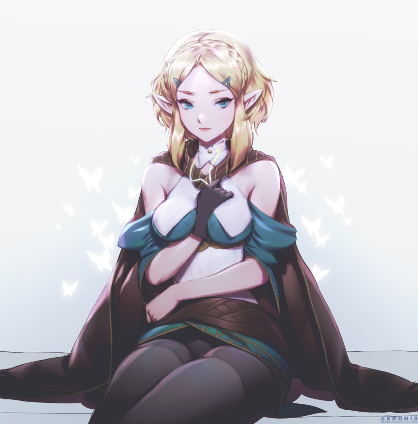 1girl banned_artist bare_shoulders between_breasts blonde_hair blue_eyes braid breasts cape french_braid hand_between_breasts highres medium_breasts paul_kwon pointy_ears princess_zelda short_hair skindentation solo the_legend_of_zelda the_legend_of_zelda:_breath_of_the_wild thighs upskirt watermark web_address