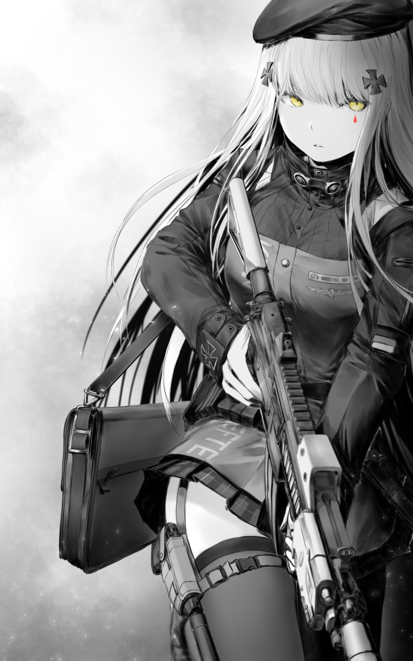 1girl assault_rifle bag bangs belt belt_pouch beret black_legwear blunt_bangs breasts clothes_writing commentary eyebrows facial_mark german_flag girls_frontline gloves green_eyes greyscale gun guten h&amp;k_hk416 hair_ornament handbag handgun hat heckler_&amp;_koch highres hk416_(girls_frontline) holding holding_weapon holster iron_cross long_hair looking_at_viewer magazine_(weapon) magpul medium_breasts military_jacket monochrome open_mouth plaid plaid_skirt pleated_skirt pouch rifle sidelocks silver_hair skirt solo suppressor thighhighs tsurime very_long_hair weapon